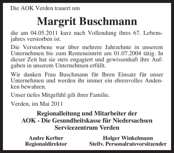 Traueranzeige von Margrit Buschmann von KREISZEITUNG SYKE