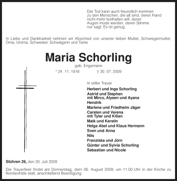 Traueranzeige von Maria Schorling von KREISZEITUNG SYKE