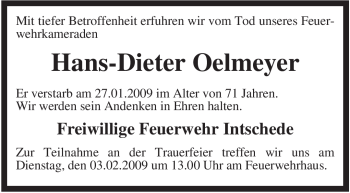 Traueranzeige von Hans-Dieter Oelmeyer von KREISZEITUNG SYKE