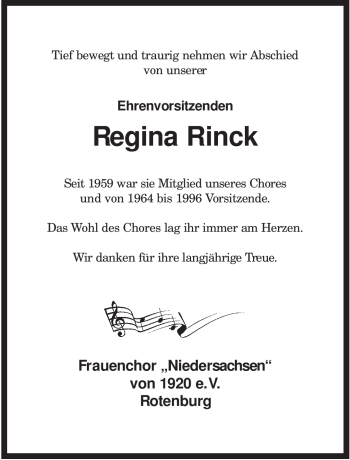 Traueranzeige von Regina Rinck von KREISZEITUNG SYKE