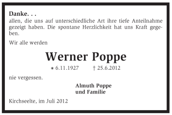 Traueranzeige von Werner Poppe von KREISZEITUNG SYKE