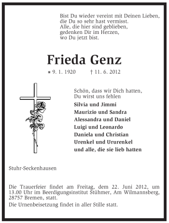 Traueranzeige von Frieda Genz von KREISZEITUNG SYKE