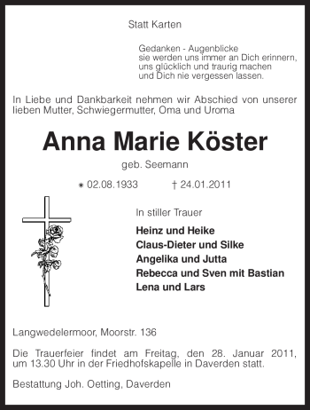 Traueranzeige von Anna Marie Köster von KREISZEITUNG SYKE