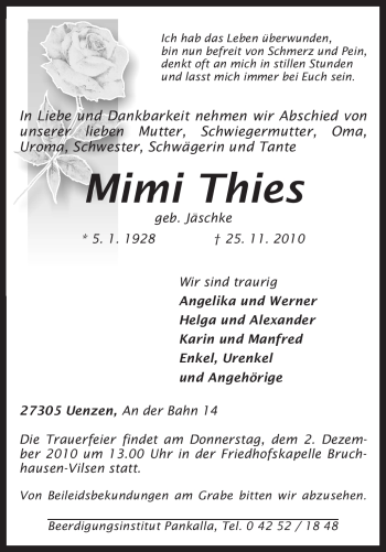 Traueranzeige von Mimi Thies von KREISZEITUNG SYKE