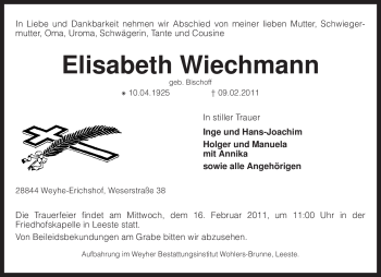 Traueranzeige von Elisabeth Wiechmann von KREISZEITUNG SYKE