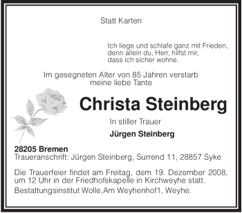 Traueranzeige von Christa Steinberg von KREISZEITUNG SYKE