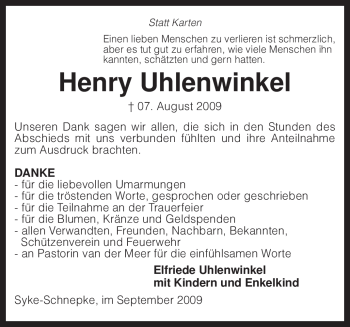 Traueranzeige von Henry Uhlenwinkel von KREISZEITUNG SYKE