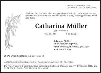 Traueranzeige von Catharina Müller von KREISZEITUNG SYKE