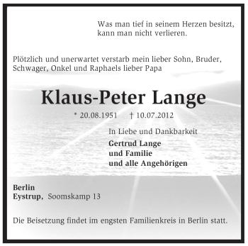 Traueranzeige von Klaus-Peter Lange von KREISZEITUNG SYKE