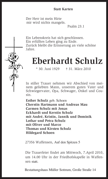 Traueranzeige von Eberhardt Schulz von KREISZEITUNG SYKE