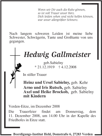 Traueranzeige von Hedwig Gallmeister von KREISZEITUNG SYKE