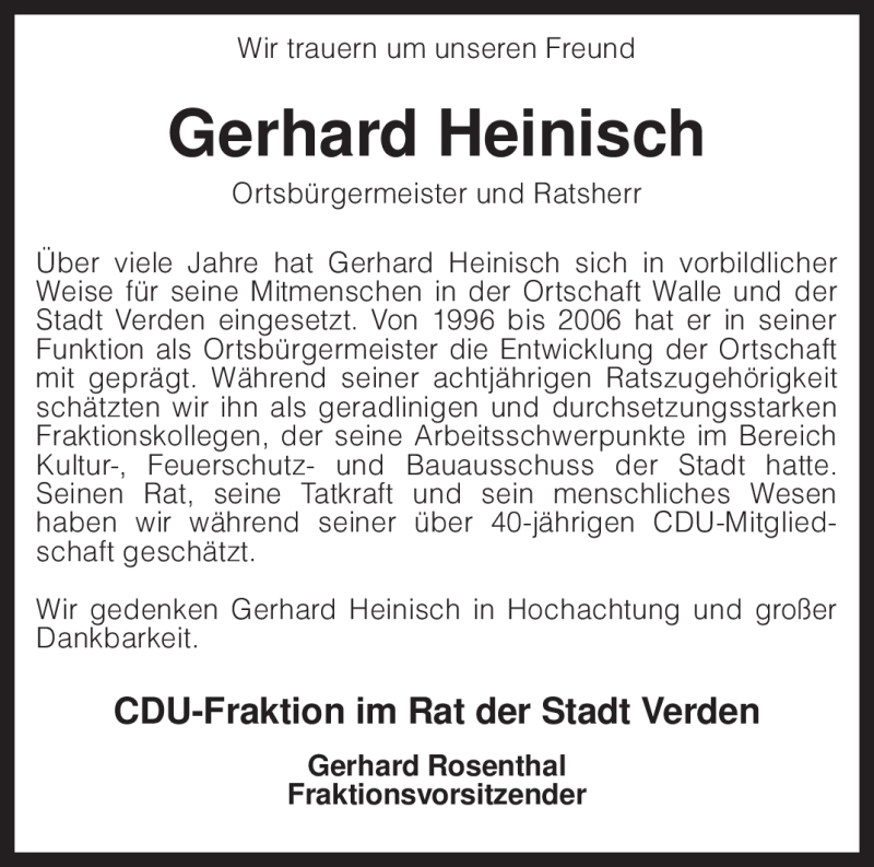  Traueranzeige für Gerhard Heinisch vom 24.01.2011 aus KREISZEITUNG SYKE