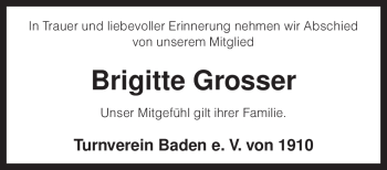 Traueranzeige von Brigitte Grosser von KREISZEITUNG SYKE