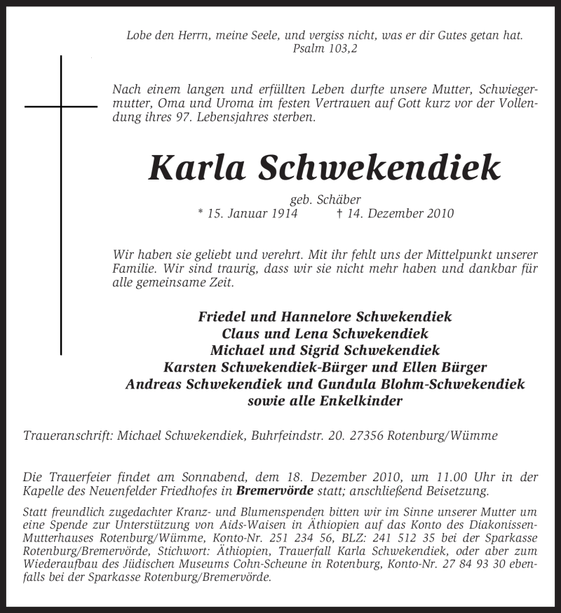  Traueranzeige für Karla Schwekendiek vom 17.12.2010 aus KREISZEITUNG SYKE