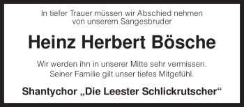 Traueranzeige von Heinz Herbert Bösche von KREISZEITUNG SYKE