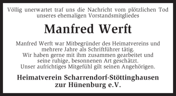 Traueranzeige von Manfred Werft von KREISZEITUNG SYKE