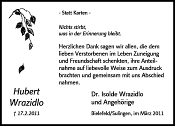 Traueranzeige von Hubert Wrazidlo von KREISZEITUNG SYKE