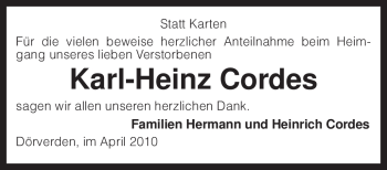 Traueranzeige von Karl-Heinz Cordes von KREISZEITUNG SYKE