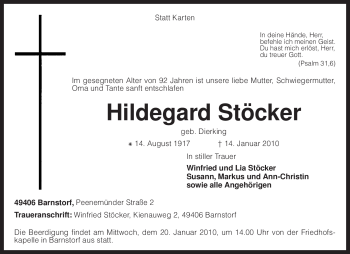 Traueranzeige von Hildegard Stöcker von KREISZEITUNG SYKE