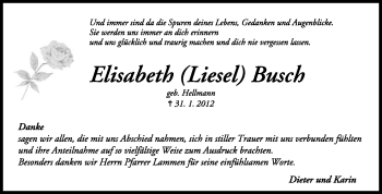 Traueranzeige von Elisabeth Busch von KREISZEITUNG SYKE