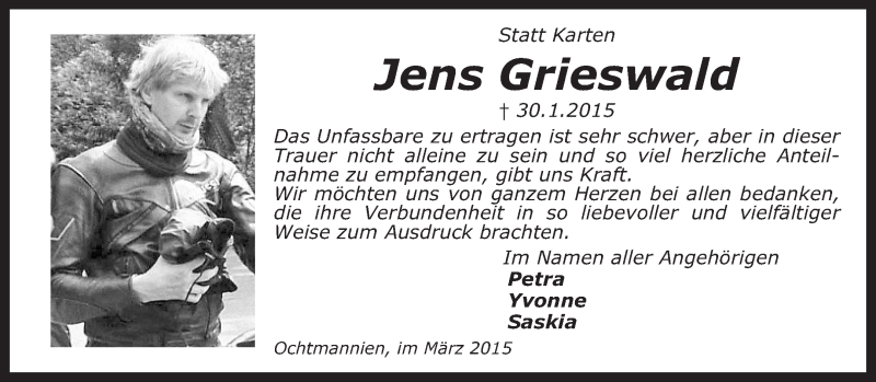  Traueranzeige für Jens Grieswald vom 07.03.2015 aus KRZ