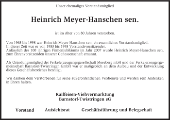 Traueranzeige von Heinrich Meyer-Hanschen von KRZ