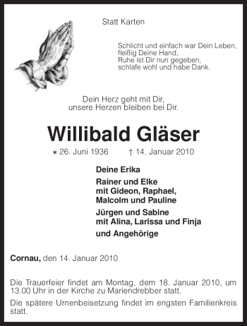 Traueranzeige von Willibald Gläser von KREISZEITUNG SYKE