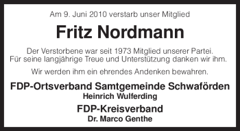 Traueranzeige von Fritz Nordmann von KREISZEITUNG SYKE