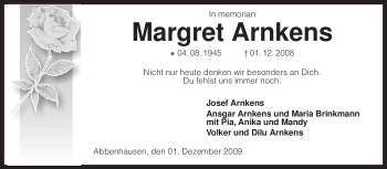 Traueranzeige von Margret Arnkens von KREISZEITUNG SYKE