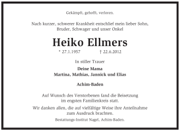 Traueranzeige von Heiko Ellmers von KREISZEITUNG SYKE