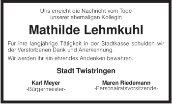 Traueranzeige von Mathilde Lehmkuhl von KREISZEITUNG SYKE