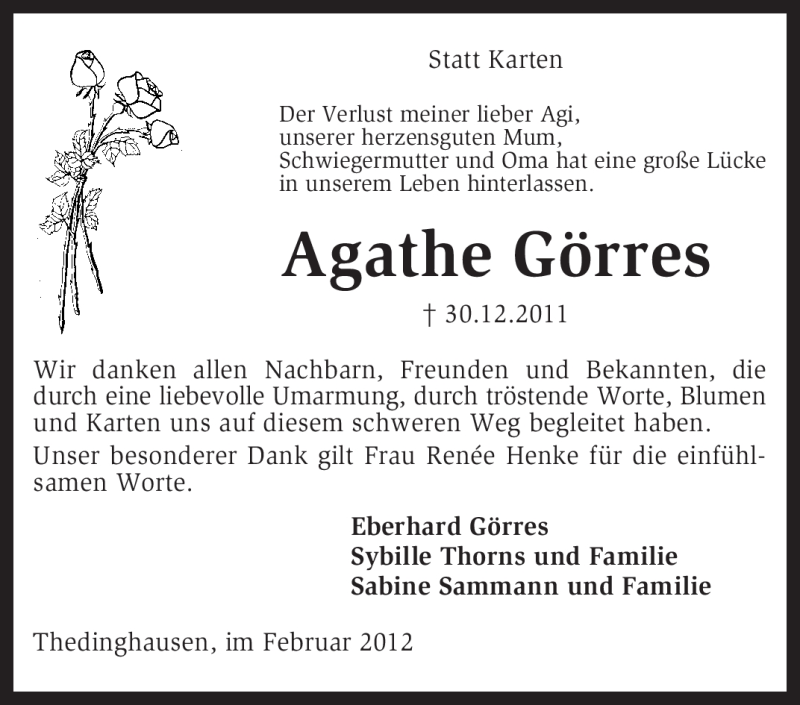  Traueranzeige für Agathe Görres vom 04.02.2012 aus KREISZEITUNG SYKE
