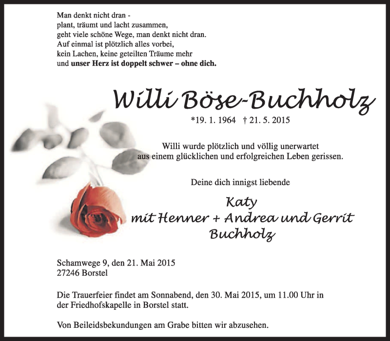  Traueranzeige für Willi Böse-Buchholz vom 26.05.2015 aus KRZ