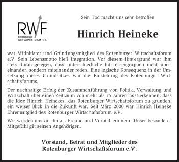Traueranzeige von Hinrich Heineke von KREISZEITUNG SYKE