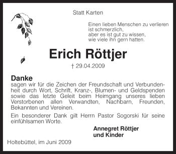 Traueranzeige von Erich Röttjer von KREISZEITUNG SYKE