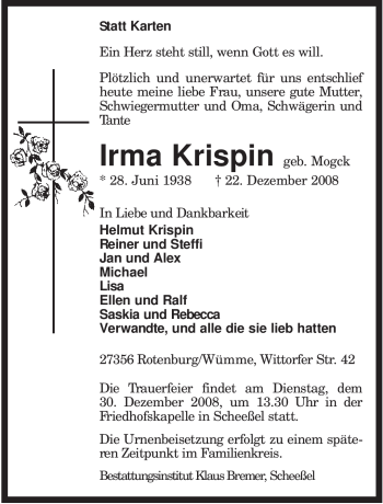 Traueranzeige von Irma Krispin von KREISZEITUNG SYKE