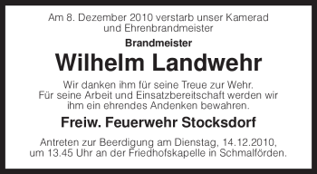 Traueranzeige von Wilhelm Landwehr von KREISZEITUNG SYKE