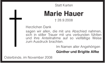 Traueranzeige von Marie Hauer von KREISZEITUNG SYKE