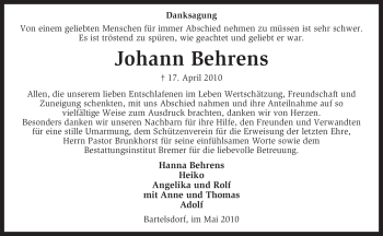 Traueranzeige von Johann Behrens von KREISZEITUNG SYKE