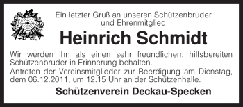 Traueranzeige von Heinrich Schmidt von KREISZEITUNG SYKE