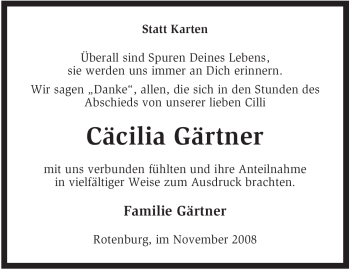 Traueranzeige von Cäcilia Gärtner von KREISZEITUNG SYKE