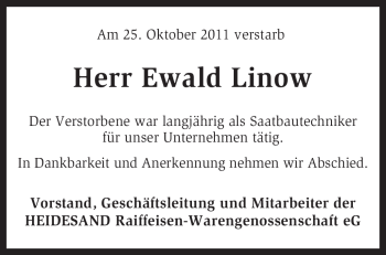 Traueranzeige von Ewald Linow von KREISZEITUNG SYKE