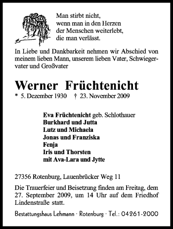 Traueranzeige von Werner Früchtenicht von KREISZEITUNG SYKE