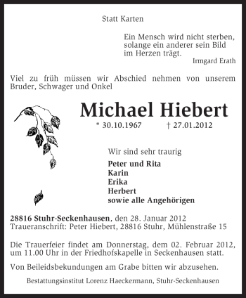 Traueranzeige von Michael Hiebert von KREISZEITUNG SYKE