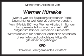 Traueranzeige von Werner Hüneke von KREISZEITUNG SYKE