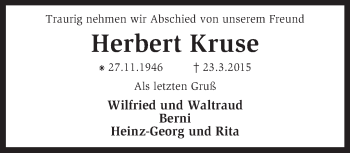 Traueranzeige von Herbert Kruse von KRZ