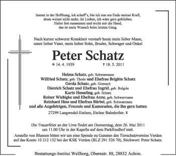 Traueranzeige von Peter Schatz von KREISZEITUNG SYKE