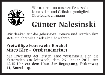 Traueranzeige von Günter Nalesinski von KREISZEITUNG SYKE