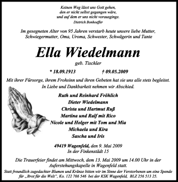 Traueranzeige von Ella Wiedelmann von KREISZEITUNG SYKE