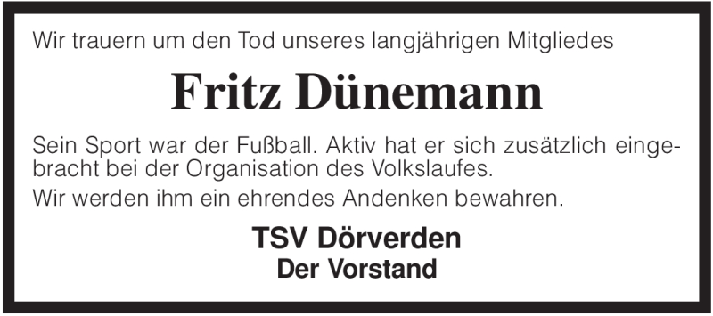  Traueranzeige für Fritz Dünemann vom 08.01.2009 aus KREISZEITUNG SYKE